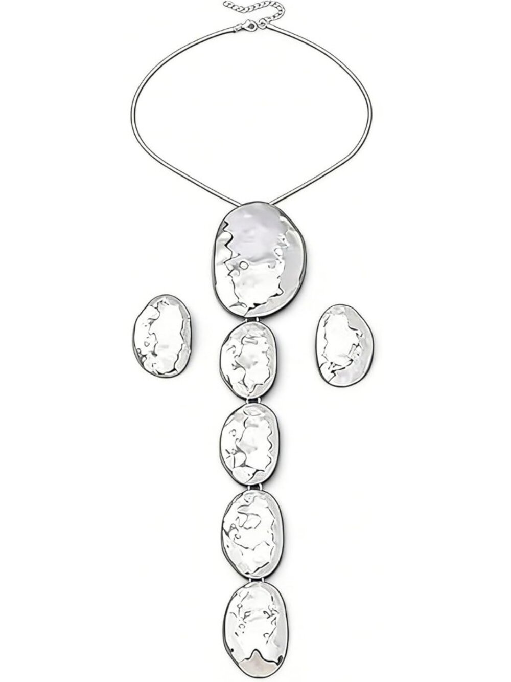 Chunky Geometric Statement Jewelry Set - Extra Large Hammered Pendant & Earrings